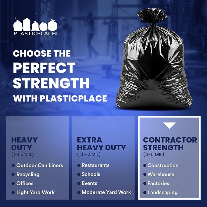 Plasticplace Contractor Garbage Bags: 55 Gallon Trash Bags Heavy Duty, Big Black Trash Bags, 36"x58", 6.0 Mil, Pack of 20