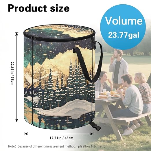 Mountain Lake Printed Outdoor Trash Can with Lid Large Collapsible Trash Can for Car Waterproof Garbage Bags for Bedroom, Yard, Camping, Picnic Home Decoration