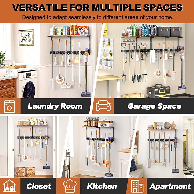 Broom Holder Wall Mount with Cleaning Supplies Organizer, Laundry Room Organization and Storage Shelves with Mop Hanger Rack Gripper Hooks, Utility Shelf Closet Organizer for Home Garage Kitchen