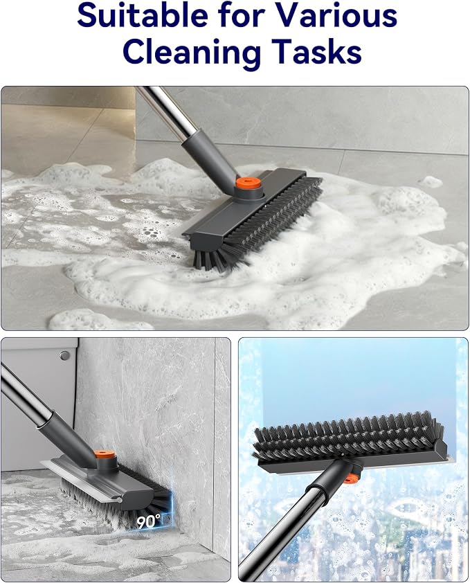 3 in 1 Adjustable Small Floor Scrub Brush with Long Handle | 360 rotating head Right-angle Heavy-Duty Stiff Bristle with Squeegee and Tweezer for Cleaning Bathroom Tile Patio and Kitchen