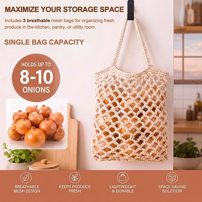 3 Hanging Baskets,White,Mesh,Cotton Rope | Wicker Wall Baskets with Hooks for Fruit Vegetable Onion Storage, Teardrop Organizer for Kitchen, Boho Farmhouse Decor