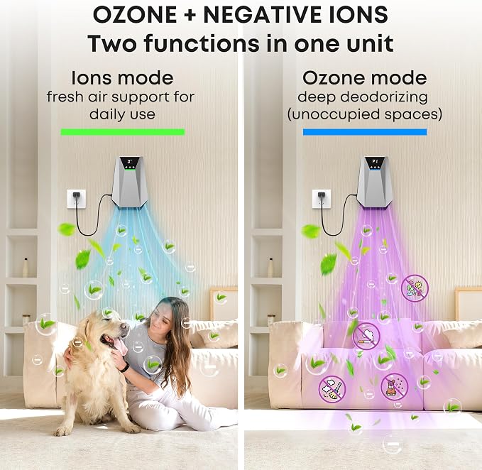 Cat Litter Deodorizer, Ozone Odor Eliminator & Air Ionizers, 99% Litter Box Deodorizer, Air Purifier Plug in for Dog Poop Odor Removal, for Toilet, Wardrobe, Shoe Closet, Garage, Room, Silver