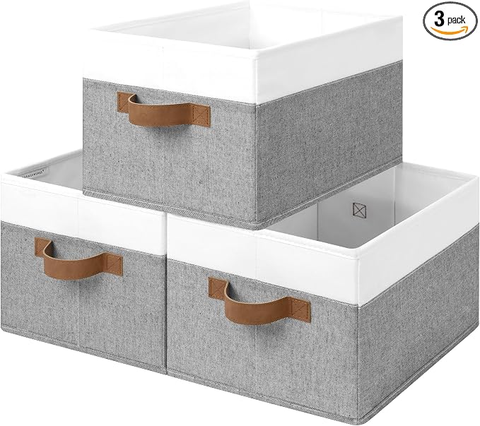 StorageWorks Closet Storage Bins, Gray&White, Large, 3-Pack | Fabric Shelf Baskets, Closet Organizers and Storage Basket, Foldable Storage Bins for Shelves, Clothes Storage Bins