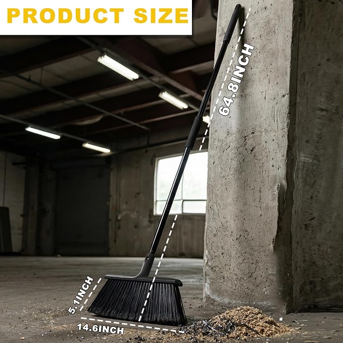 Large Angle Brooms Indoor Outdoor Broom with Long Handle Stiff Bristle Sweeper for Kitchen Garage Deck Courtyard Lobby Patio Lawn Leaves (Black)