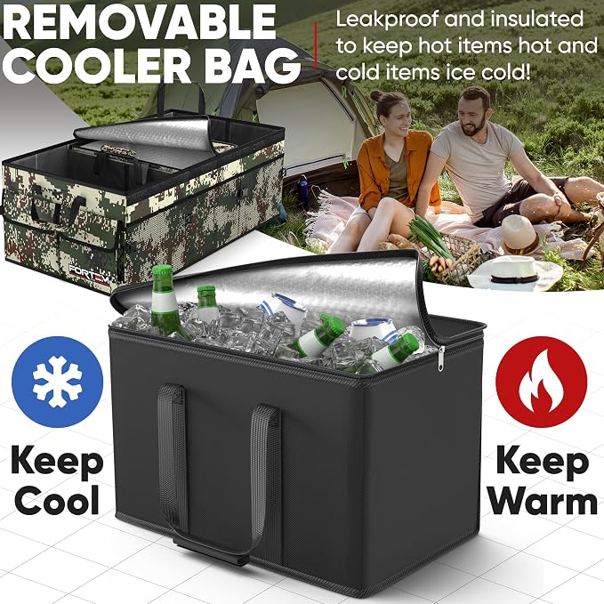 FORTEM Trunk Organizer - Foldable Car Organizer with Cooler for SUV, Trucks | Car Accessories for Men Women, Collapsible Bag, Non Slip Bottom, Straps, Soft Cover, 600D Oxford, 6 Compartments, 105L