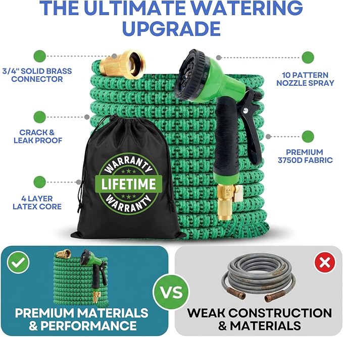 J&B XpandaHose 100ft Expandable Garden Hose, Lightweight, Brass Connectors | Ultra Strong 3750D fabric, 4-layer latex core, expands 3X, kink & leak-resistant, 10-pattern nozzle, storage bag