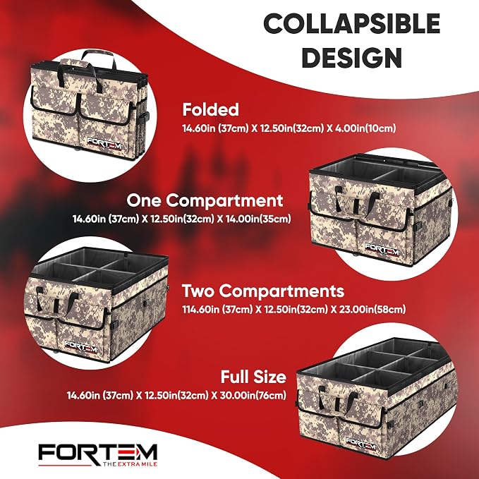 FORTEM Trunk Organizer - Foldable Car Organizer & Storage for SUVs & Trucks | Car Accessories for Men Women, Collapsible Bag, Non Slip Bottom, Straps, Soft Cover, 600D Oxford, 6 Compartments, 85L