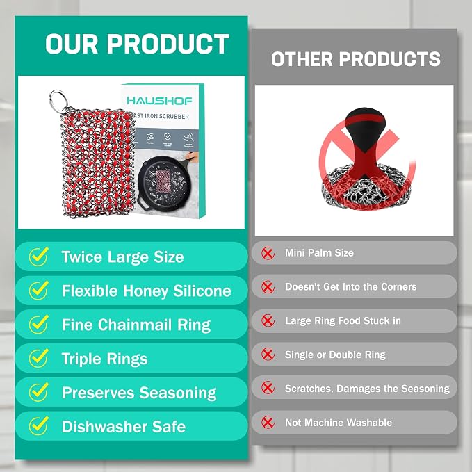 HAUSHOF Cast Iron Scrubber, Chainmail Scrubber Cast Iron Cleaner | Multi-Purpose Cleaning;Easy to Clean;Soft Silicone Liner;Protects Cast Iron Seasoning
