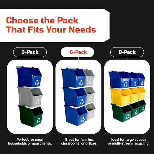 Multi Bin 6 Gallon Stackable Recycle Bins, Trash Can Kitchen Recycling Set | Recycling containers stackable design that saves floor space, while open-front bins with ergonomic handles ensure quick