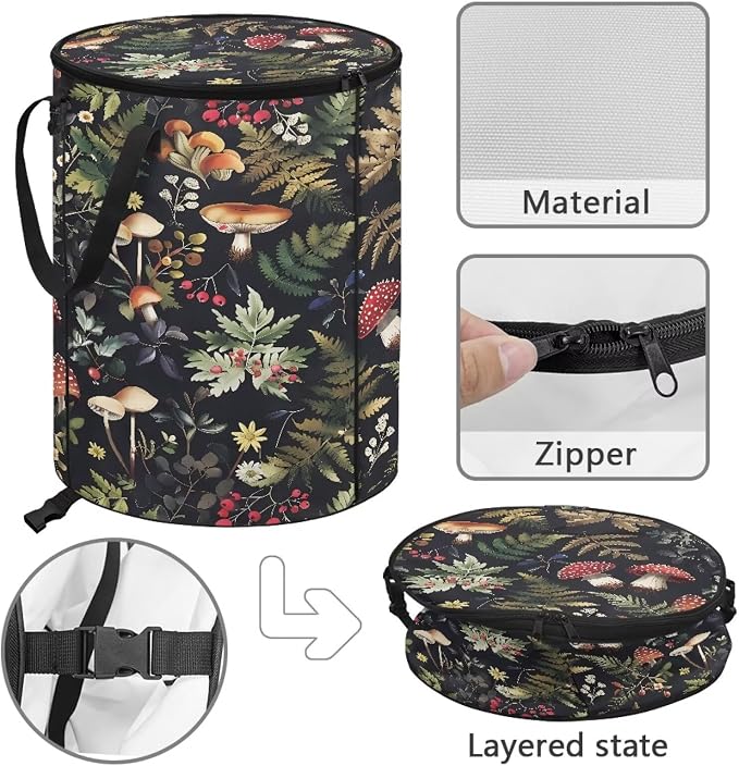 Leaves Mushroom Outside Garbage Can with Lid 24 Gallon Collapsible Trash Can Easy to Clean Pop-Up Storage Bag for Outdoor Parties Foldable Reusable Trash Bin Camper Must Haves