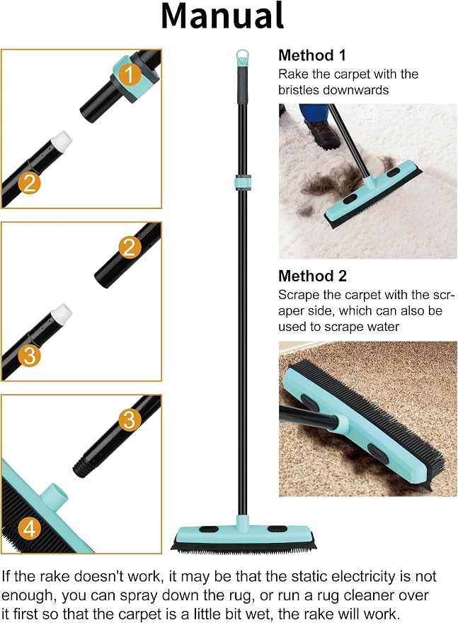 Rubber Broom Carpet Rake for Pet Hair Removal, Fur Remover Broom with 59" Telescoping Long Handle, Pet Hair Broom with Squeegee for Carpet, Hardwood Floor, Tile | Fur Remover Broom Pet Hair Broom with Squeegee for Carpet, Hardwood Floor, Tile, 59" Tele...