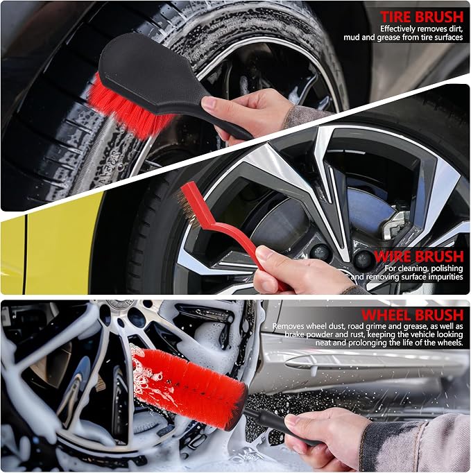 35Pcs Car Detailing Kit, Car Cleaning Kit and Detailing Brush Set | Windshield Cleaner Tool, Long Wheel Brush & Angled Brushes, Polishing Pads & Wax Pads, Red Tool Box, Gift for Men