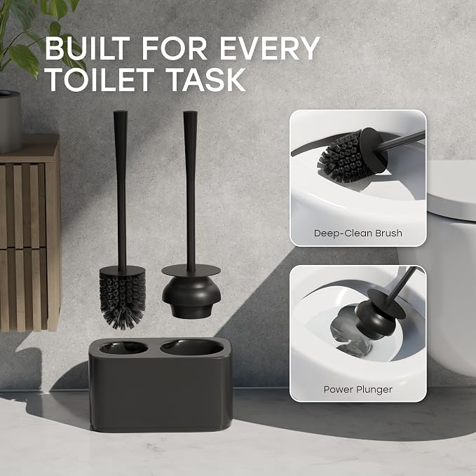 2-in-1 Toilet Plunger and Bowl Brush Set for Bathroom – Black | Freestanding toilet bowl brush and plunger set with a plastic caddy & sturdy steel handles in matte black