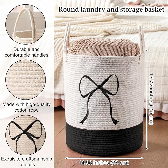 Honeydak Black Laundry Basket Bow Hamper Coquette Laundry Basket Cotton Rope Hamper 15 x 17.7 Inches Toy Box Large Coquette Bow Teens Girls Room Storage for Blanket Toys Clothes Organization