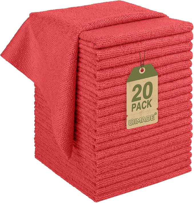 Microfiber Cleaning Cloth, 20 Pack Reusable Microfiber Towels | for Cars Lint Free Cleaning Shop Towel Rags for Home Kitchen Automotive Bar Mechanic Restaurant Garage, 11.5"x 11.5", Red