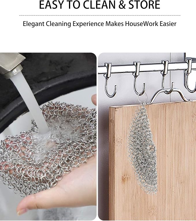 Cast Iron Skillet Cleaner Chainmail,2 Pack Premium Stainless Steel Chain Maille Scrubber for Cast Iron Pans,Stainless Steel,Glassware(7IN &5IN Round)