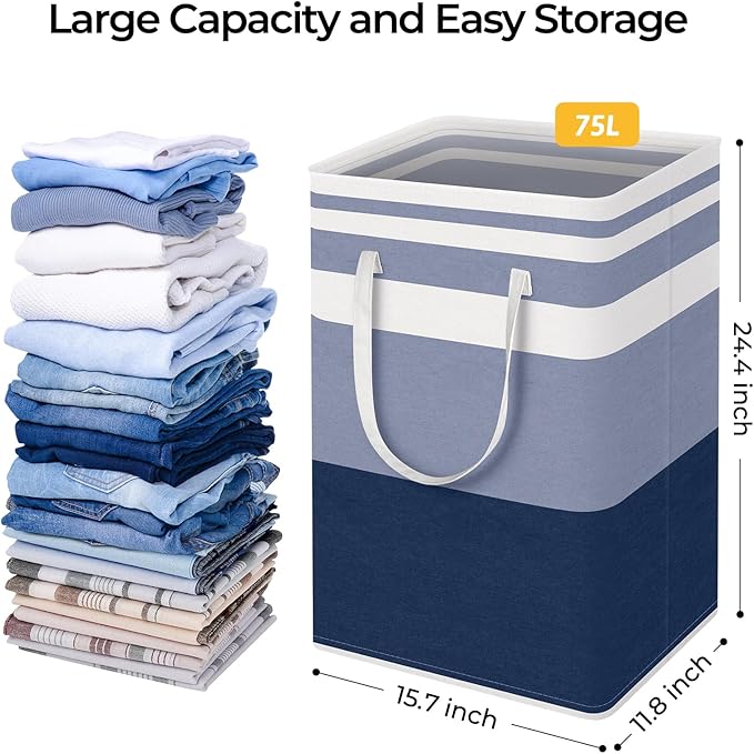 HomeHacks 2 Pack Large Laundry Baskets, Laundry Hampers Bags (Blue 75Lx2) | Waterproof, Freestanding, Collapsible Clothes Hamper with Reinforced Handles in Laundry Room, Dorm, Bathroom, Bedroom
