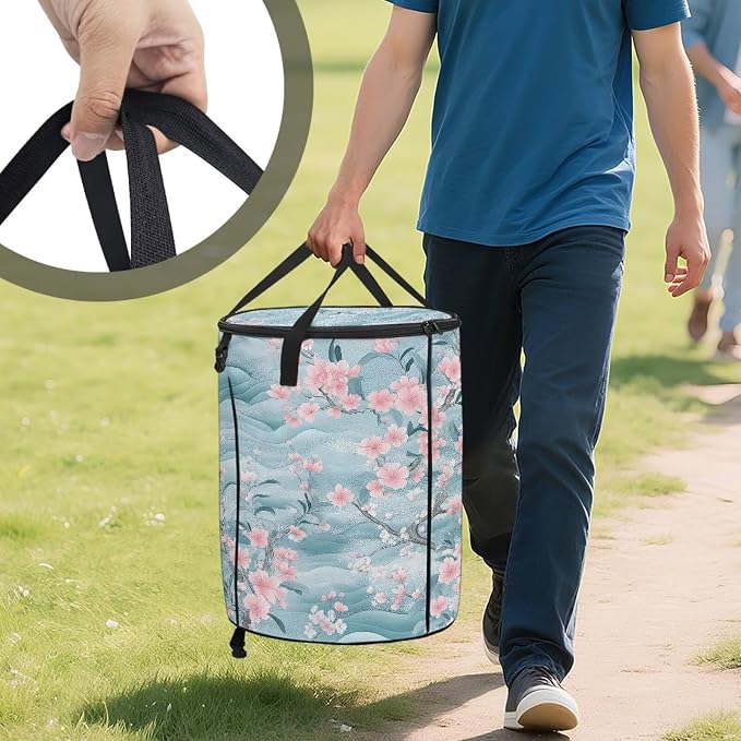 Cherry Blossom 24 Gal Collapsible Trash Can w/Lid Waterproof Foldable Garbage Bin for Camping, Backyard & Hiking | Heavy Duty Pop-Up Design (23x18in) Car Camping Gear