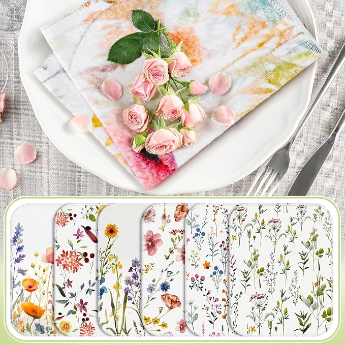 Reusable Kitchen Cloths Cotton Towel, 6 Pack, Wildflowers | Washable 9.84x11.81in, Paperless Towel Rolls Bulk, Cleaning Cloth Napkins for Dishes