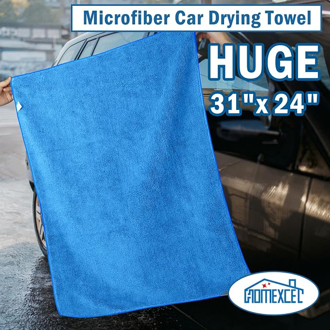 HOMEXCEL Professional Large Microfiber Car Drying Towels 4 Pack, 31" x 24" | Highly Absorbent, Lint Free, Scratch Free, Fast Drying, Absorbent Microfiber Towel for Cars SUVs RVs Trucks Boats, Blue