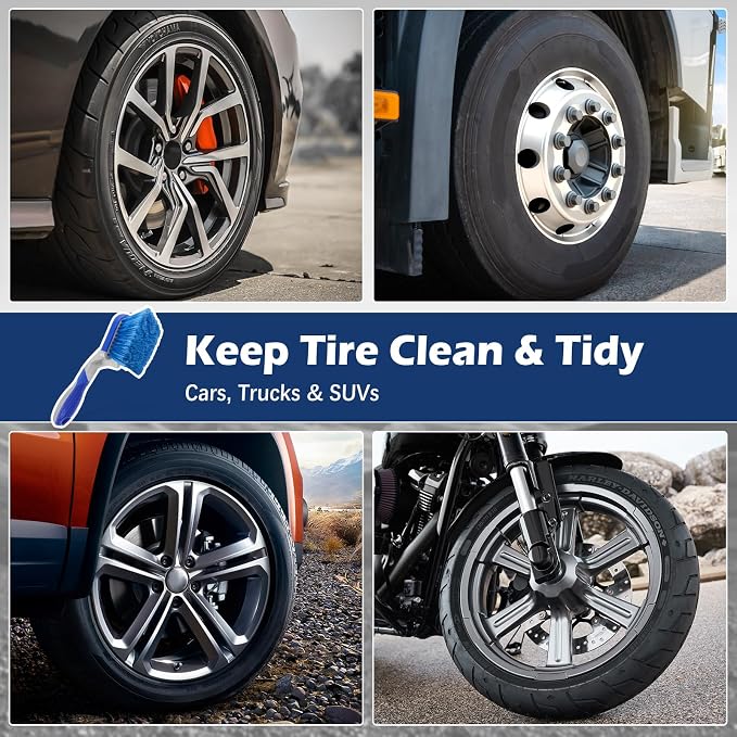 Car Wash Brush 10 Inch, Car Tire & Wheel Brush for Cleaning Wheels & Rim | Soft Bristle Car Wheel Cleaner Brush, Car Cleaning Scrub Brush for Car Detailing, Rv, Cars,Trucks,Bike