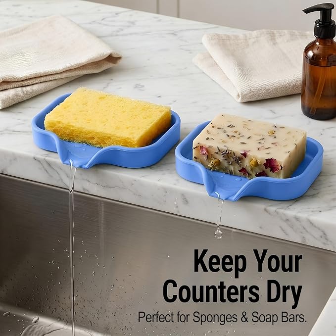 Zulay Kitchen Small Silicone Sponge Holder (4.9x3.3”) – Space-Saving Sink Organizer Tray for Sponge, Soap, Brush & More – Compact Non-Slip Dish for Kitchen & Bathroom (Provence Blue)