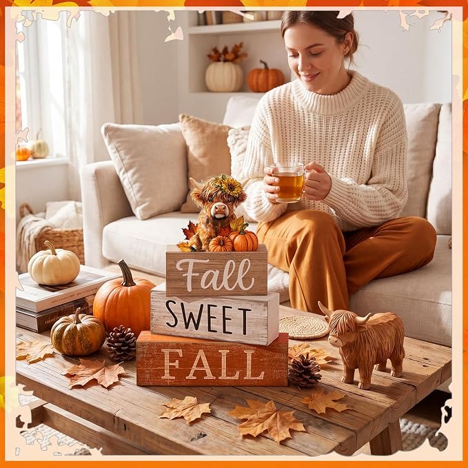 Moucuny 4 Pcs Fall Wooden Block Signs, Highland Cow Tiered Tray Farmhouse | Rustic Farmhouse Centerpiece for Kitchen Shelf Bathroom Laundry Room, Sweet Fall Harvest Theme Home Decor Gift
