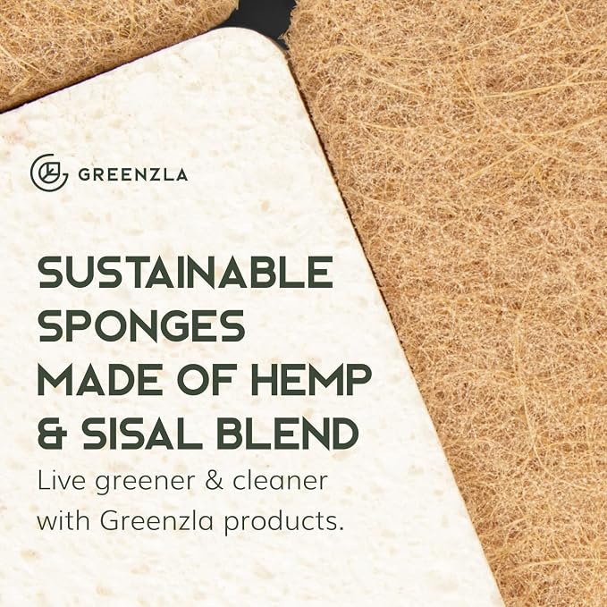 GREENZLA 12 Pack Kitchen Sponges | Non-Scratch Hemp & Sisal | Dual-sided: scrubbing + absorbent cellulose | Odor-resistant | Biodegradable | Dishes, sinks & bathtubs