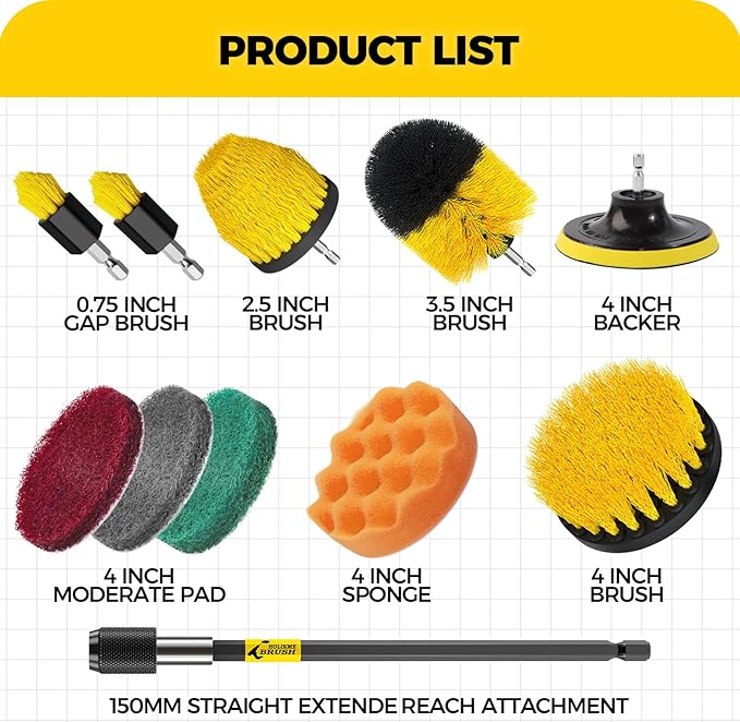 Holikme 11 Piece Drill Brush Attachment Set Scouring Pads Power Scrubber Brush Scrub Pads for Bathroom Surfaces, Floor, Tub, Shower, Grout, Tile, Corners,Cleaning Brush | Buffing Sponges, Nylon Grout Tools, Tile Bathtub Shower Floors Kitchen Car Interi...