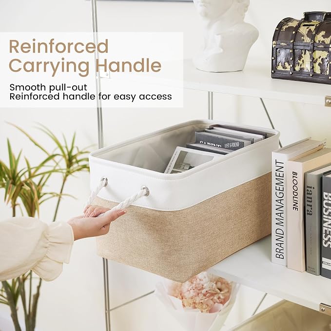 15x11x10 In Foldable Fabric Large Storage Bins with Handle 1 Pack | Organizer Baskets, Sturdy Metal Strand, Cardboard Support Molding, Storage Baskets for Shelves, Closet, Bedroom, White/Khaki