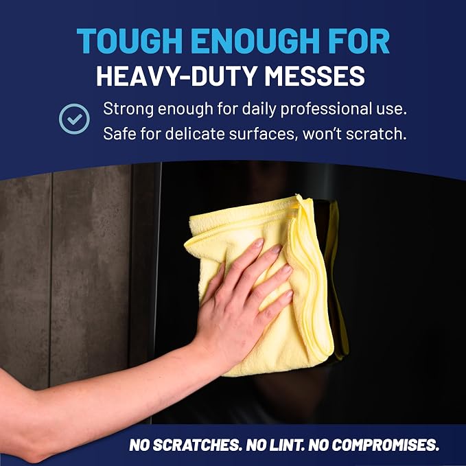 MW PRO Microfiber Cleaning Cloths Yellow (12 Pack, 12x12) - Commercial Janitorial Towels & Lint Free Rags - Heavy Duty for Auto Detailing, Glass Windows, Housekeeping & Screens - Washable 300+ Times