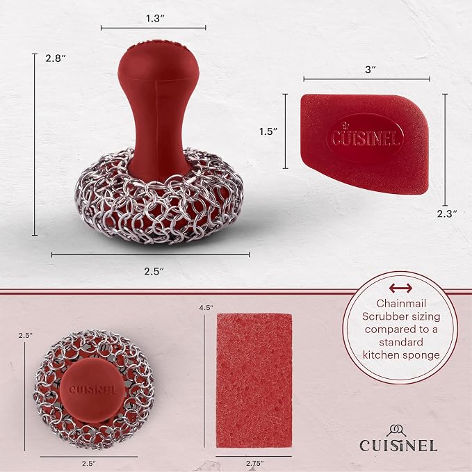 Cuisinel Cast Iron Chainmail Scrubber + Pan Scraper - The Patented Original Ergonomic Stainless & Silicone Pot & Skillet Cleaner - Premium Food-Safe Design - Easy Clean Dishwasher Safe Cookware Sponge
