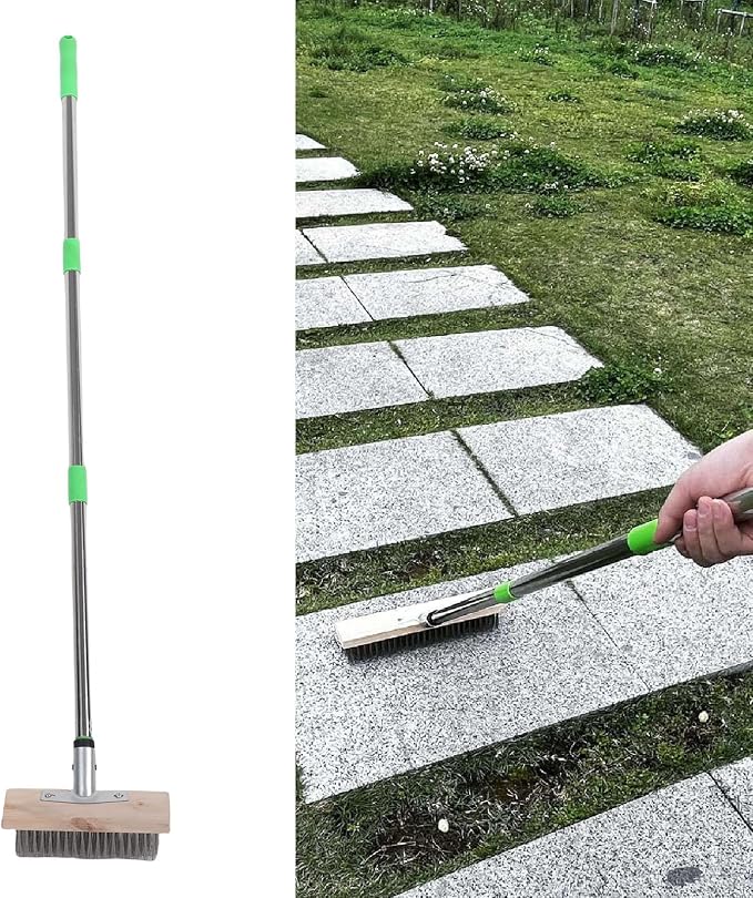 Stainless Steel Deck Scrub Brush with Long Handle - Heavy Duty Floor Scrubber Brush with Pole, Moss Remover Wire Cleaning Brushes for Concrete Floor, Patio, Garden, Garage