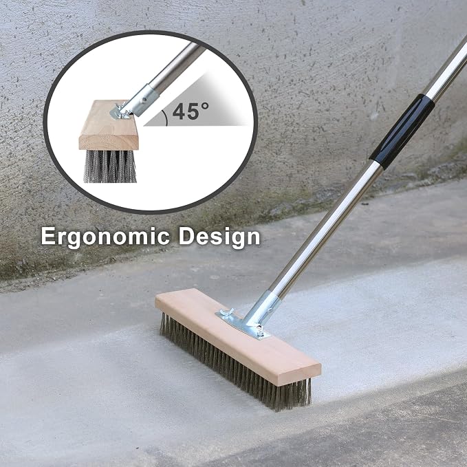 Wire Brush Long Handle 57'' Remove Moss on Deck Concrete Patio | Heavy Duty Outdoor Scrub Broom with Metal Stiff Bristle, Large Wire Scrubber for Weeds Removal in Garage Garden Roof Balcony