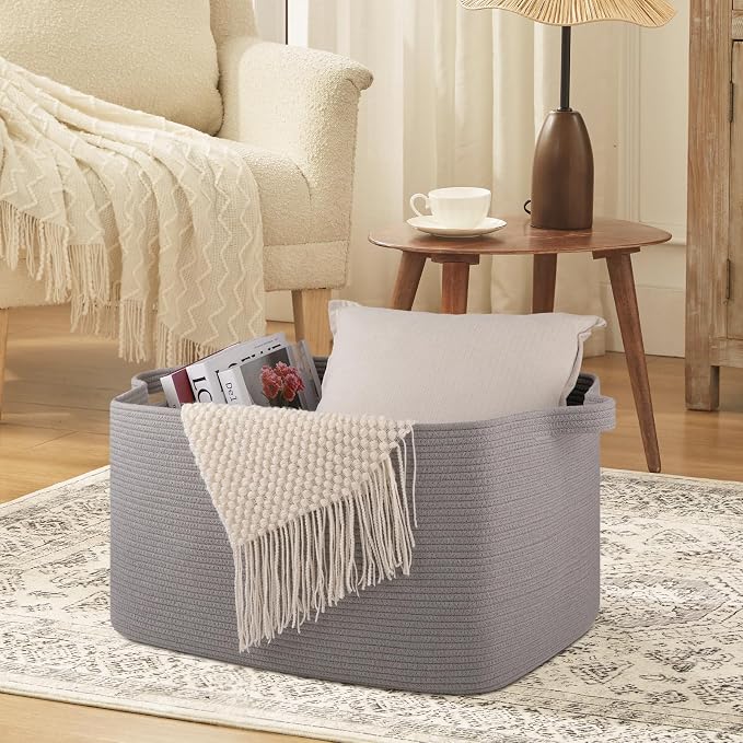 OIASKET Extra Large Blanket Basket, 24" x 16.9" x 14.2" Woven Storage Basket for Living Room, Rectangle Nursery Blanket Storage for Toys, Towels, Dirty Clothes (Light Grey)