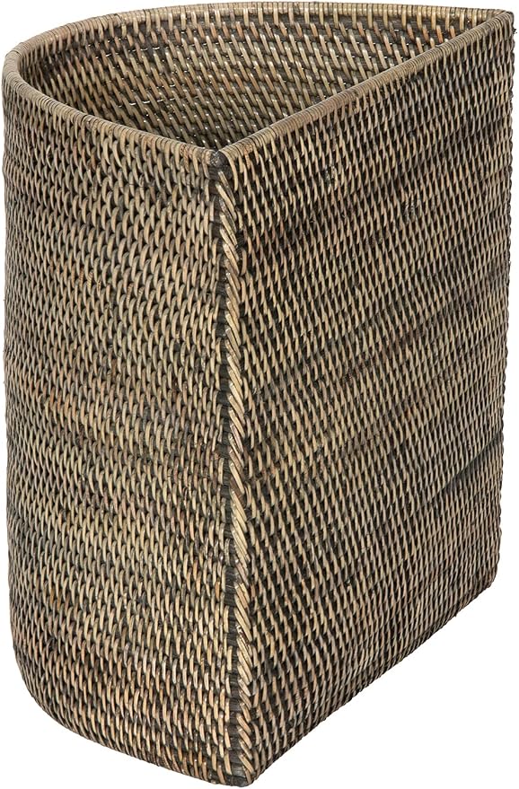 KOUBOO Half-Moon Rattan Waste Basket, Wicker Trash Can, Indoors, Black Wash | Handwoven natural texture, space-saving half-moon shape, lightweight design, ideal for paper and dry household waste