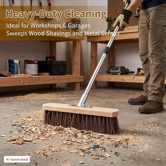 Heavy Duty Deck Brush with Long Handle, 54" Adjustable Stainless Steel Handle, Stiff Natural Palmyra Bristles, Outdoor Scrub Brush for Concrete Patio Garage Tile Floor Sidewalk Cleaning