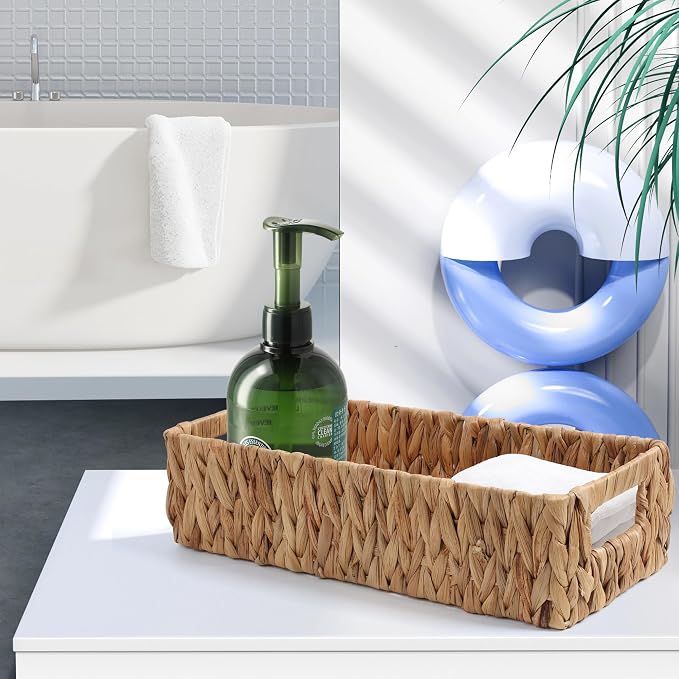 Moosky Wicker Storage Baskets with Handle Water Hyacinth Basket for Organizing Decorative Storage Bins for Countertop Toilet Tank Boho Rectangular Home Organizer (Natural, 15.9" x 6.8" x 4.1")