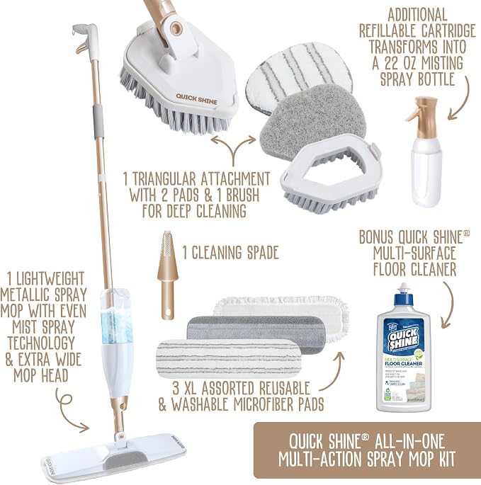 Quick Shine Multi-Action 11 Piece Interchangeable Spray Mop Kit w/Cleaner | Ultimate Gold All-In-One Pro Cleaning System, Lightweight Mop w/ Assorted Microfiber Pads & Triangular Attachmets
