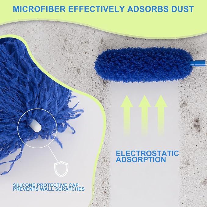 Cobweb Duster with Extension Pole, Spider Web Brush, 100" Microfiber Feather Duster, Washable Cleaning Kit for Ceiling Fan, Furniture, Home, Blue
