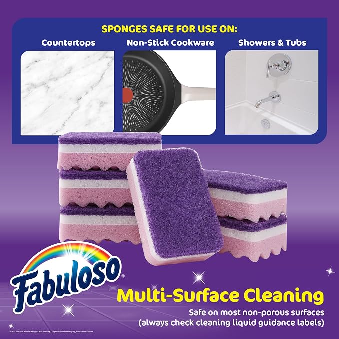Fabuloso Scratch-Free Kitchen Dish Sponges, Purple, 12 Count Pack | Reversible pad and sponge combo, safe on nonstick cookware, ideal for everyday cleanup