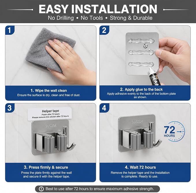 2 Pack Stainless Steel Broom Holder Wall Mount, Heavy Duty Mop Holder No Drill Adhesive, Tool Organizer with Hooks for Kitchen Bathroom Garage Garden (2, Silver)