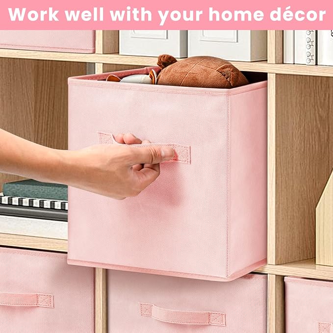 Storage Cubes - 11 Inch Heavy Duty Fabric Storage Bins for Shelves Closet, Cube Organizer - 8 Pack Collapsible Cube Storage Bins Baskets for Organizing Clothes Blankets Toys (Pink)