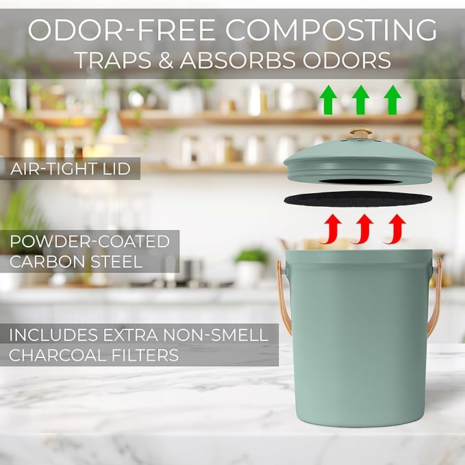 Beautiful Kitchen Compost Bin with Smell Proof Lid for Your Countertop | Rust Proof and Odorless 1.1 Gallon Bucket with No Smell Filters - Easy to Clean and Looks Great on Any Kitchen Counter