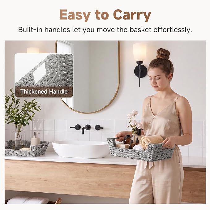 StorageWorks Pantry Baskets for Organizing, Large Wicker Basket for Storage | Wicker Storage Baskets for Shelves, Paper Rope Rattan Baskets with Handles, 2 Pack Woven Basket for Shelf Storage, Gray