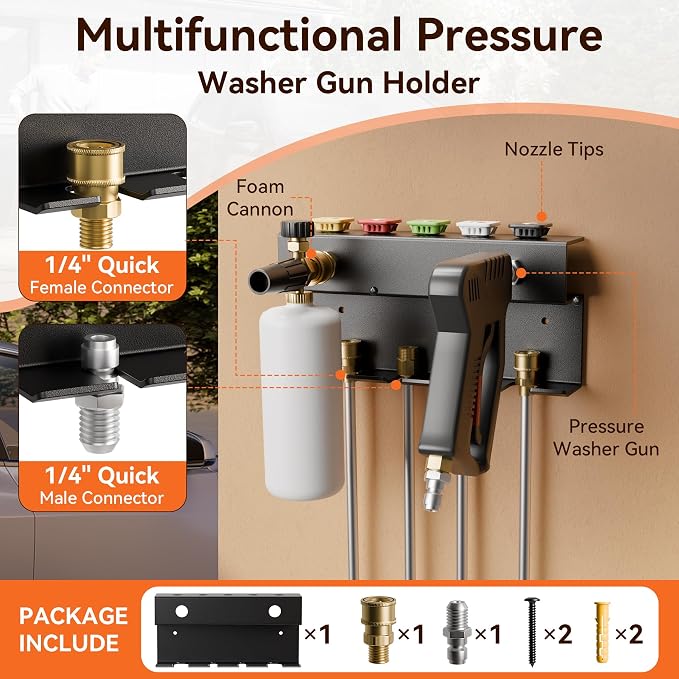 Foam Cannon Wall Mount and Pressure Washer Gun Holder Organizer | Foam Cannon Wall Mount: Stores a foam cannon and pressure washer gun off the floor for organized, easy-access storage.