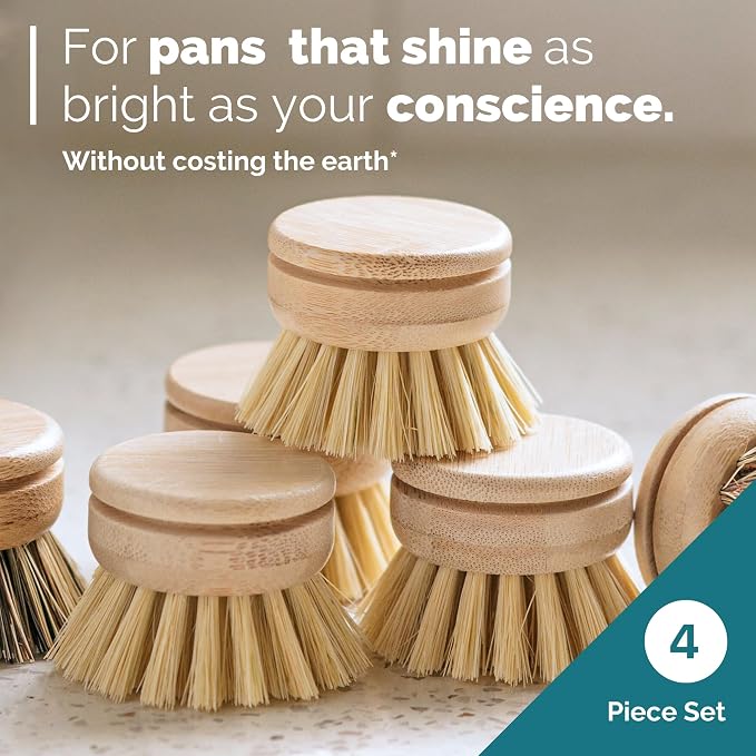 JUNGLE CULTURE Soft Replacement Dish Brush Heads • 4 Pack Sisal Refills | Non Toxic Plastic Free Kitchen Brushes for Pots, Pans, Cast Iron, Jars & Vegetables • Natural Fiber Bristles