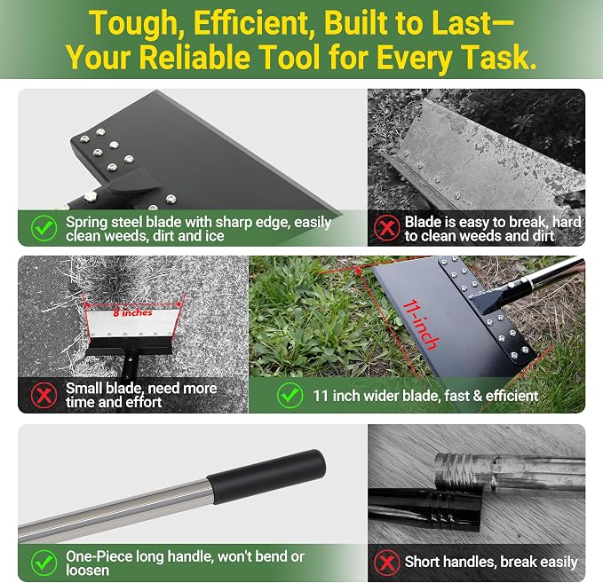 63 Inch One-Piece Handle Weed Scraper with 11in Spring Steel Blade | Garden Flat Shovel Floor Scraper Long Handle Heavy Duty Multi Weeding Shovel for Ice, Weed, Dirty, Moss, Lawn Edging