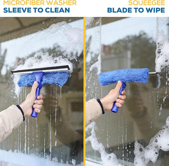 2-in-1 Window Squeegee Cleaning Combo | Glass Cleaner Tool for Commercial and Residential Use, 2 Reusable 12” Sleeves and 14” Blade