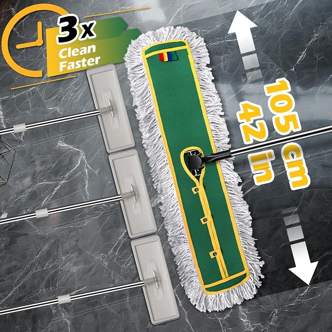 42" Commercial Dust Mop for Floor Cleaning, Heavy Duty Industrial Mop | Large Flat Mop with Long Handle, Push Mop with 2 Different Mops Pads, for Hardwood, Tile, Gym, Office, Mall, Warehouse